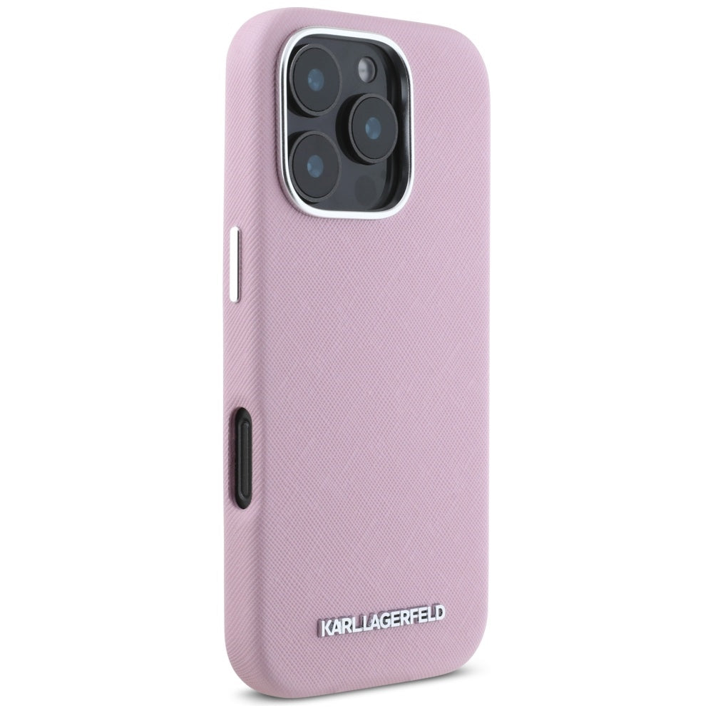 Futrola MagSafe za Apple iPhone 16 Pro, Karl Lagerfeld, Saffiano Full Wrapped Elongated Metal Logo, Roze