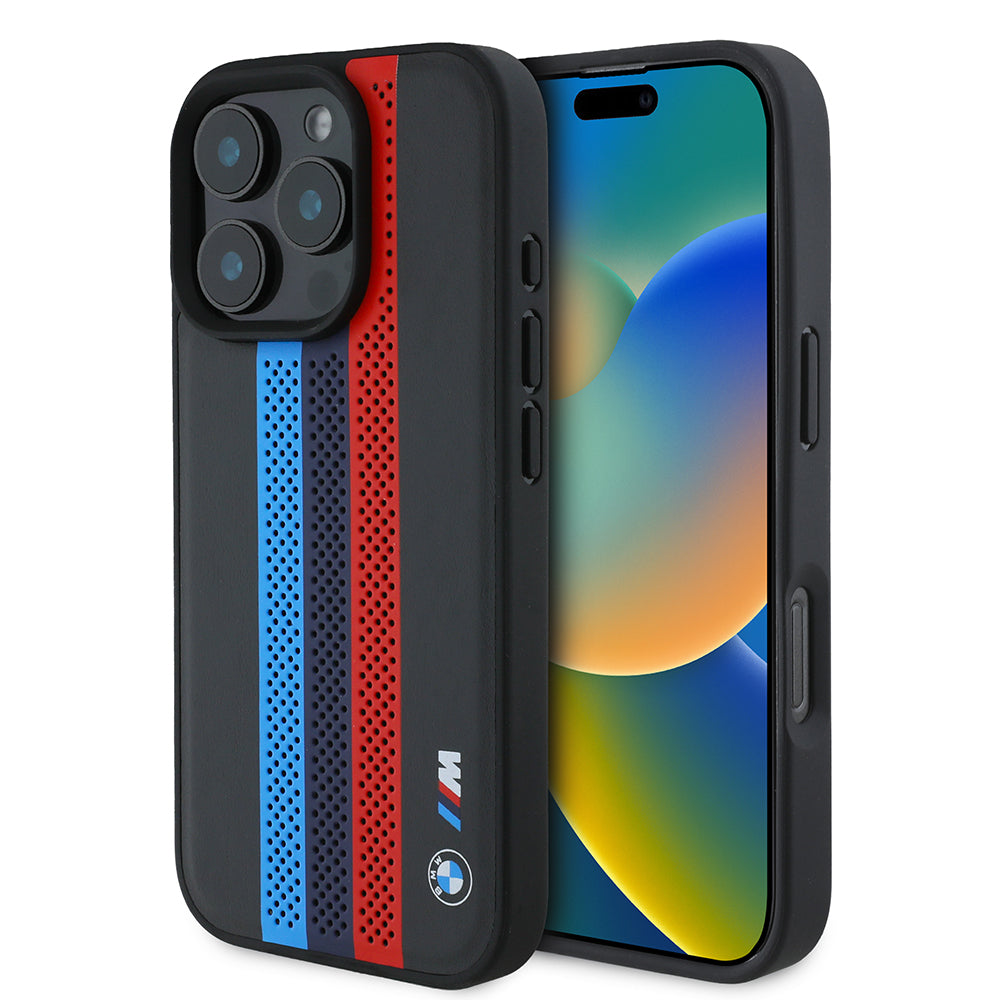 Futrola MagSafe za Apple iPhone 16 Pro Max, BMW, Perforated M Perf. Tricolor Stripers, Crna