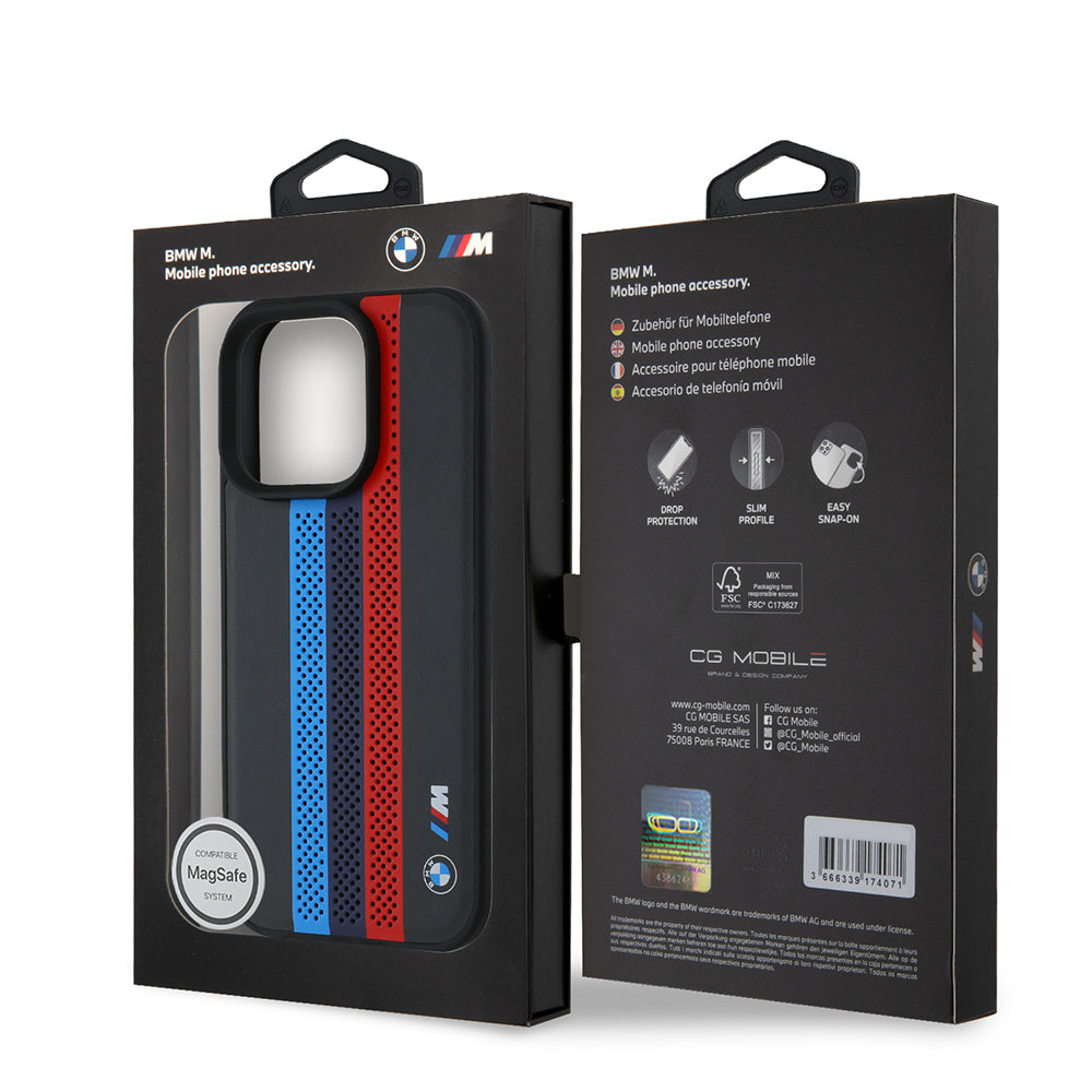 Futrola MagSafe za Apple iPhone 16 Pro Max, BMW, Perforated M Perf. Tricolor Stripers, Crna