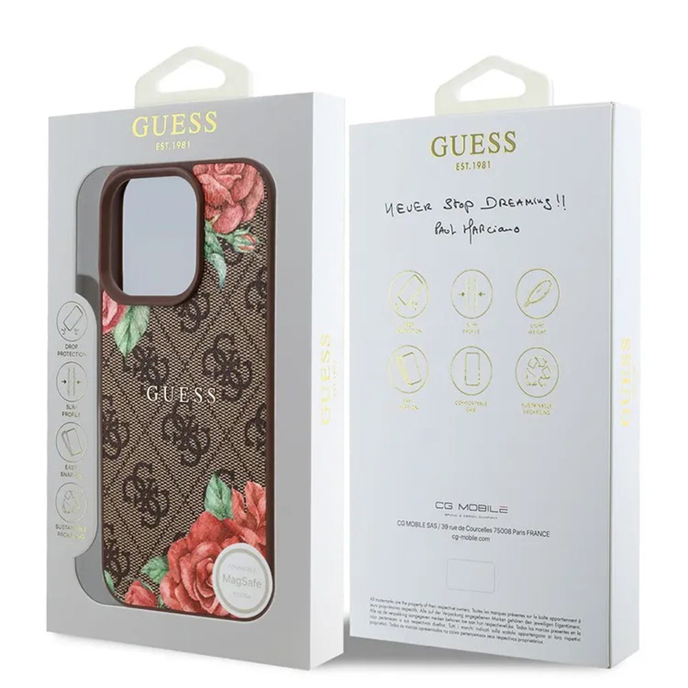 Futrola MagSafe za Apple iPhone 16 Pro Max, Guess, 4G Flowers Print, Braon
