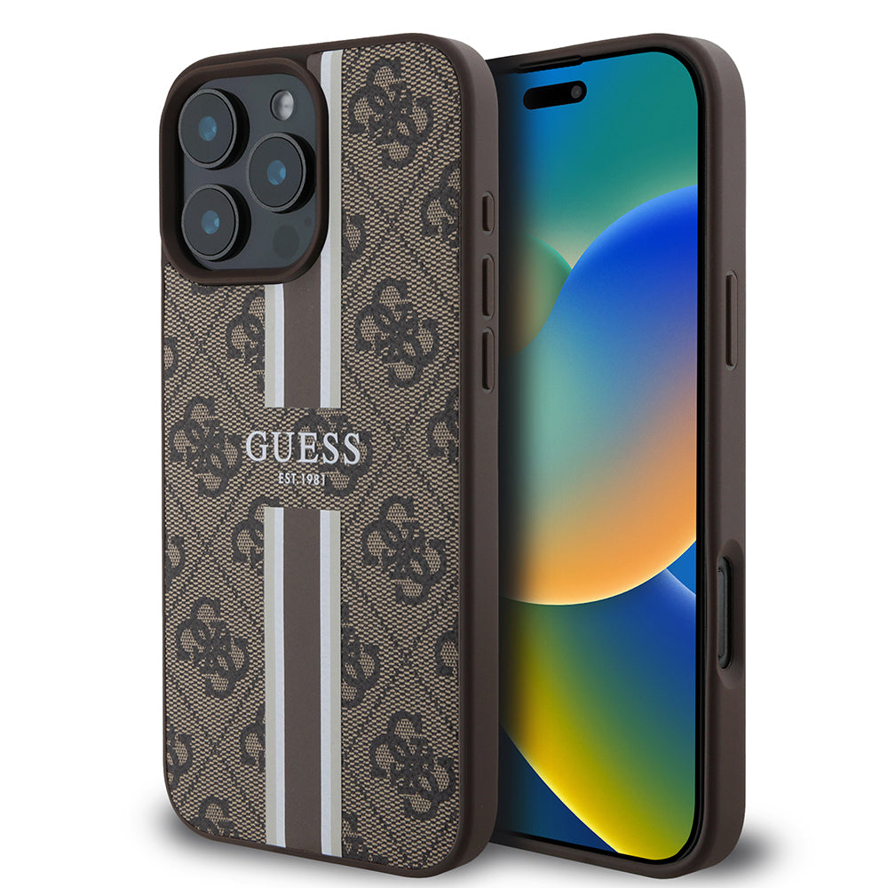 Husa MagSafe za Apple iPhone 16 Pro Max, Guess, 4G Printed Stripes, Braon