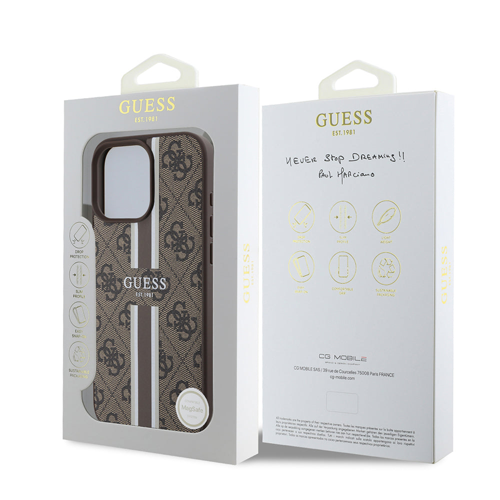 Husa MagSafe za Apple iPhone 16 Pro Max, Guess, 4G Printed Stripes, Braon