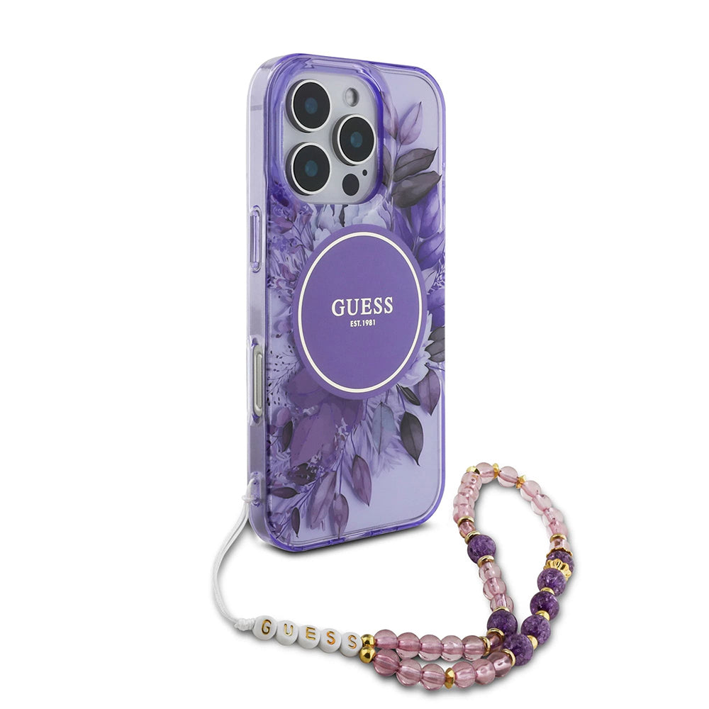 Husa MagSafe za Apple iPhone 16 Pro Max, Guess, IML Flowers with Pearl Strap, Ljubičasta