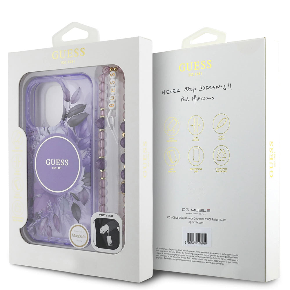 Husa MagSafe za Apple iPhone 16 Pro Max, Guess, IML Flowers with Pearl Strap, Ljubičasta