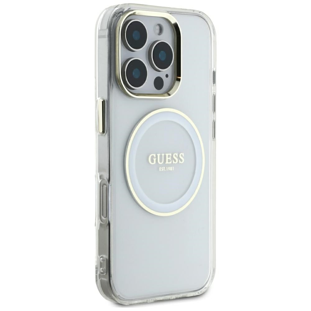 Husa MagSafe za Apple iPhone 16 Pro Max, Guess, IML Metal Colored Circle, Bela