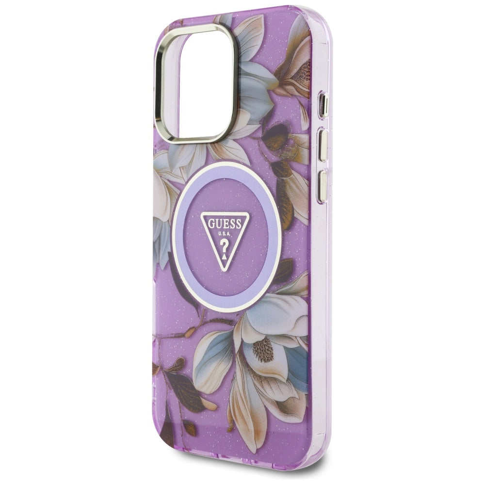Futrola MagSafe za Apple iPhone 16 Pro Max, Guess, IML Metal Glitter Flowers Triangle, Ljubičasta