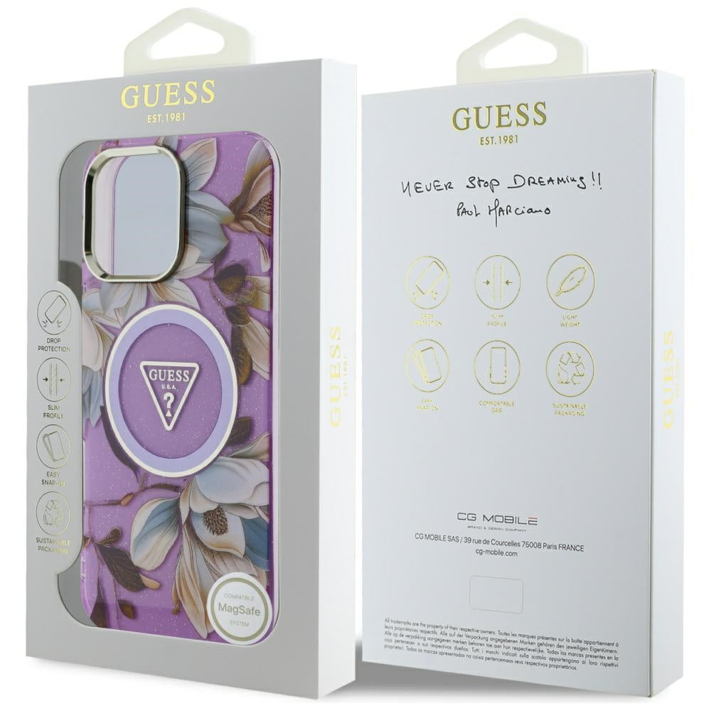 Futrola MagSafe za Apple iPhone 16 Pro Max, Guess, IML Metal Glitter Flowers Triangle, Ljubičasta