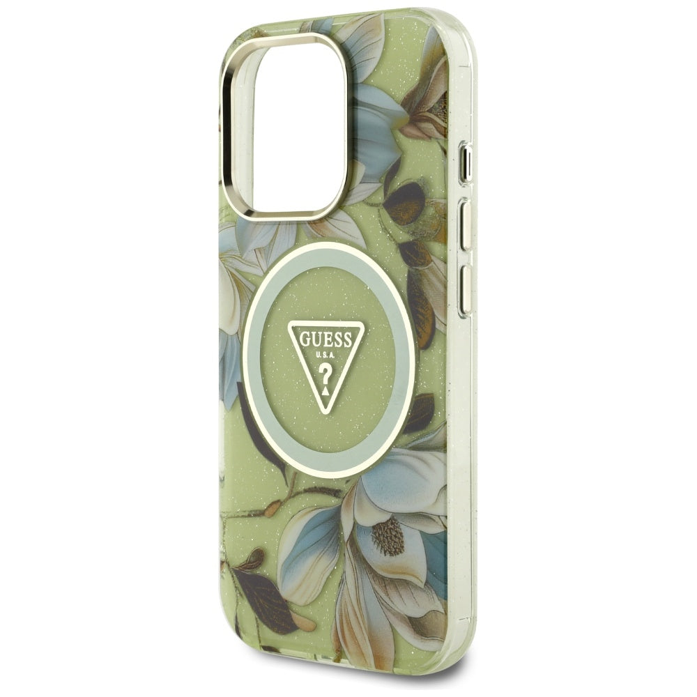 Futrola MagSafe za Apple iPhone 16 Pro Max, Guess, IML Metal Glitter Flowers Triangle, Zelena