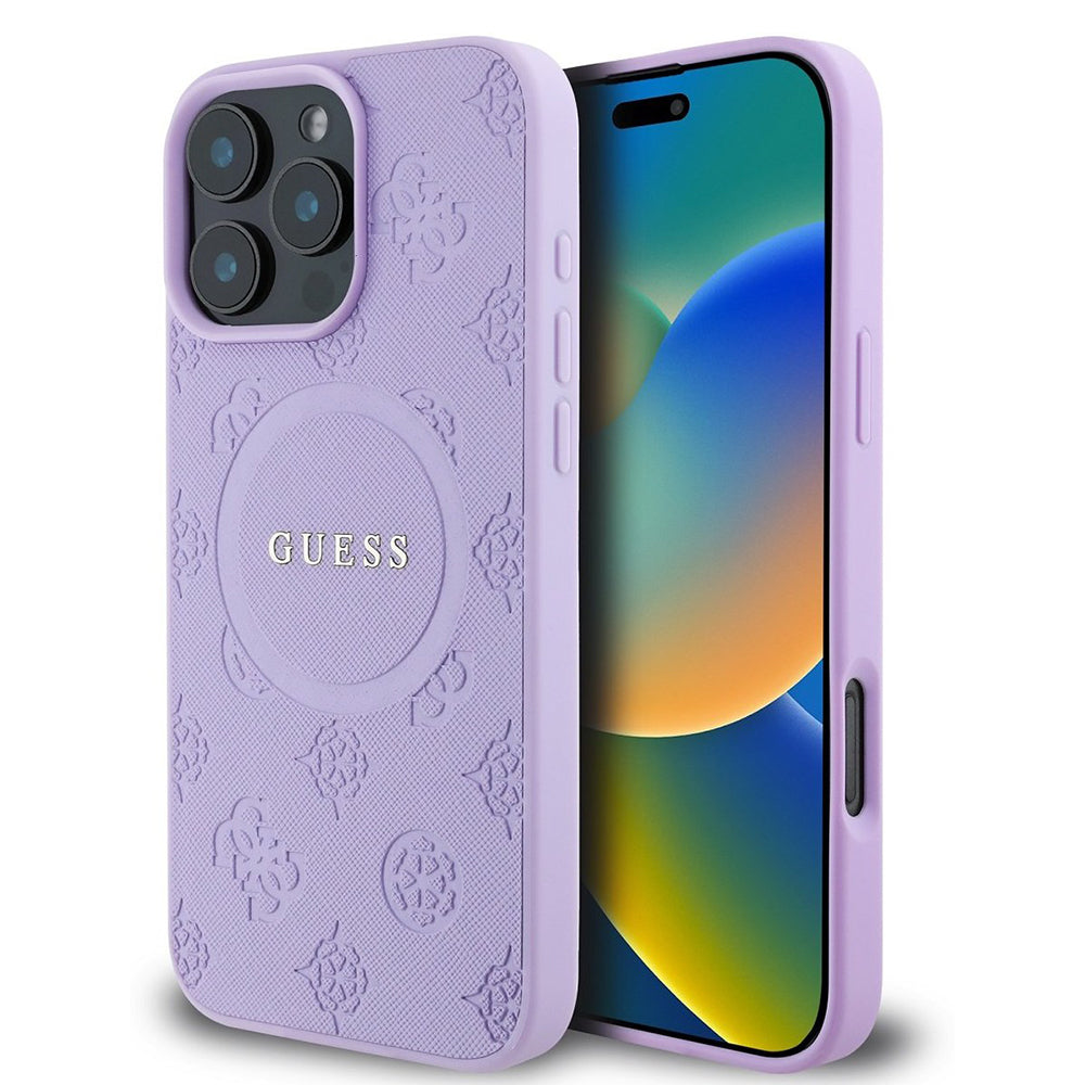 Futrola MagSafe za Apple iPhone 16 Pro Max, Guess, Saffiano Peony Classic Logo, Ljubičasta