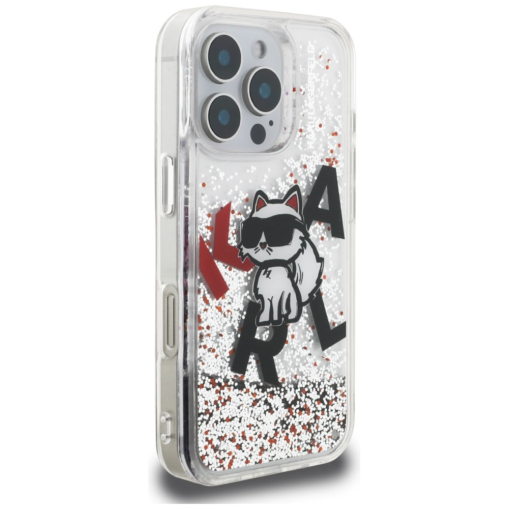 Husa MagSafe za Apple iPhone 16 Pro Max, Karl Lagerfeld, Liquid Glitter Choupette Logo, Transparentna