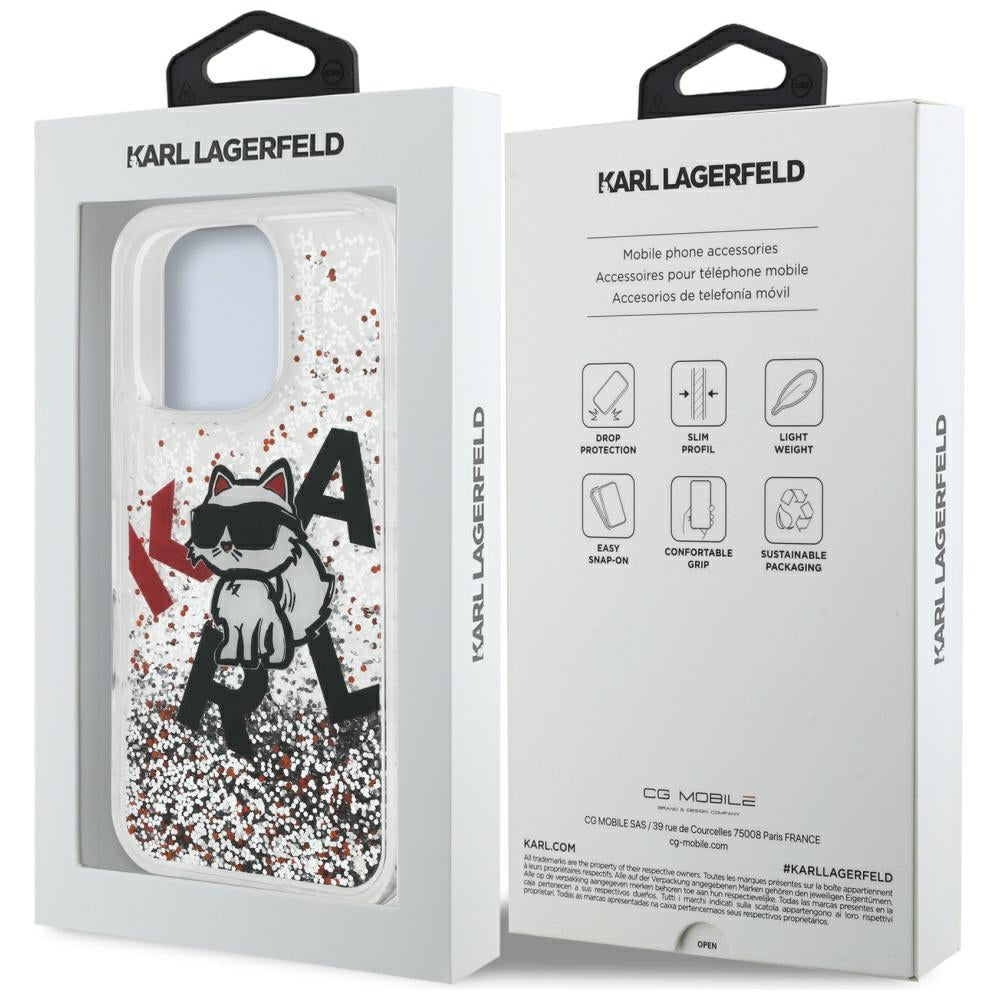 Husa MagSafe za Apple iPhone 16 Pro Max, Karl Lagerfeld, Liquid Glitter Choupette Logo, Transparentna
