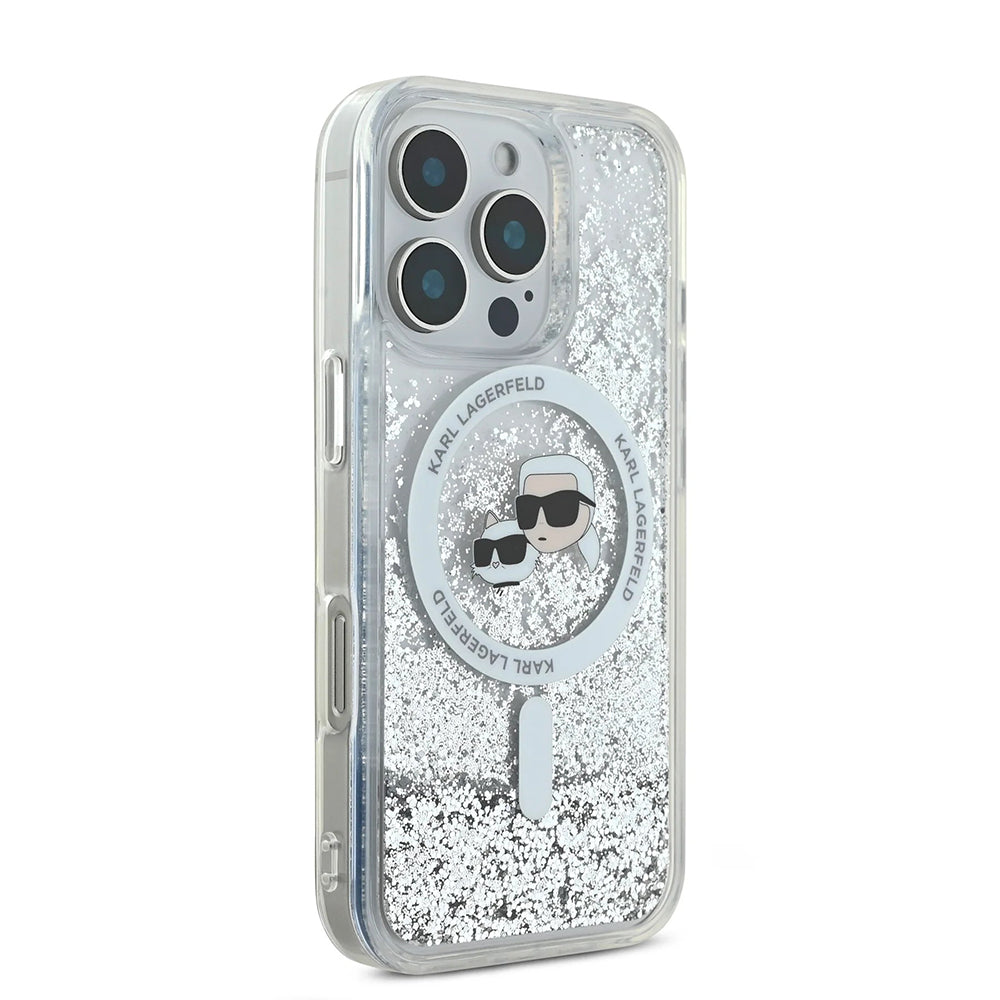 Futrola MagSafe za Apple iPhone 16 Pro Max, Karl Lagerfeld, Liquid Glitter Karl & Choupette's Heads, Transparentna