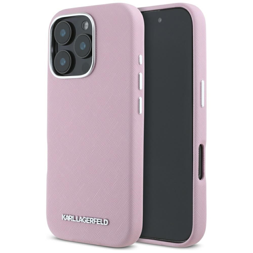 Futrola MagSafe za Apple iPhone 16 Pro Max, Karl Lagerfeld, Saffiano Full Wrapped Elongated Metal Logo, Roze