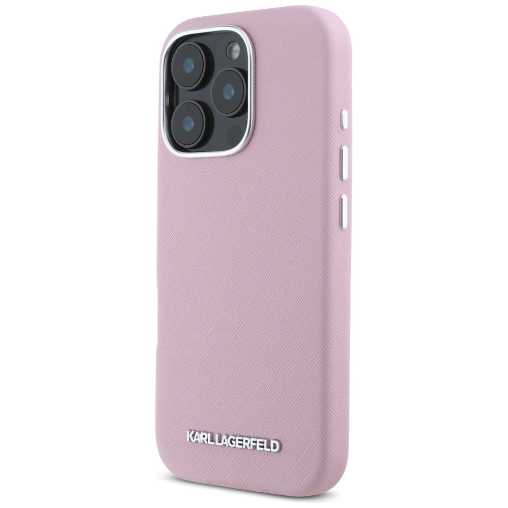 Futrola MagSafe za Apple iPhone 16 Pro Max, Karl Lagerfeld, Saffiano Full Wrapped Elongated Metal Logo, Roze