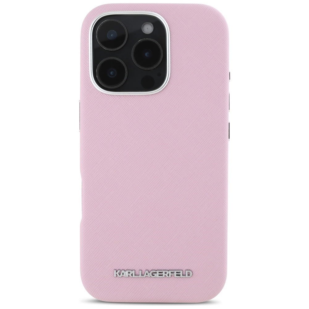 Futrola MagSafe za Apple iPhone 16 Pro Max, Karl Lagerfeld, Saffiano Full Wrapped Elongated Metal Logo, Roze