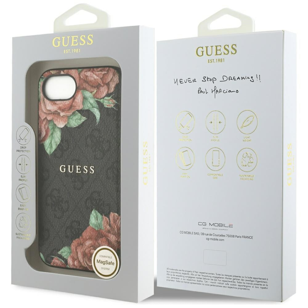 Husa MagSafe za Apple iPhone 17e / 16e, Guess, 4G Flowers Print, Crna