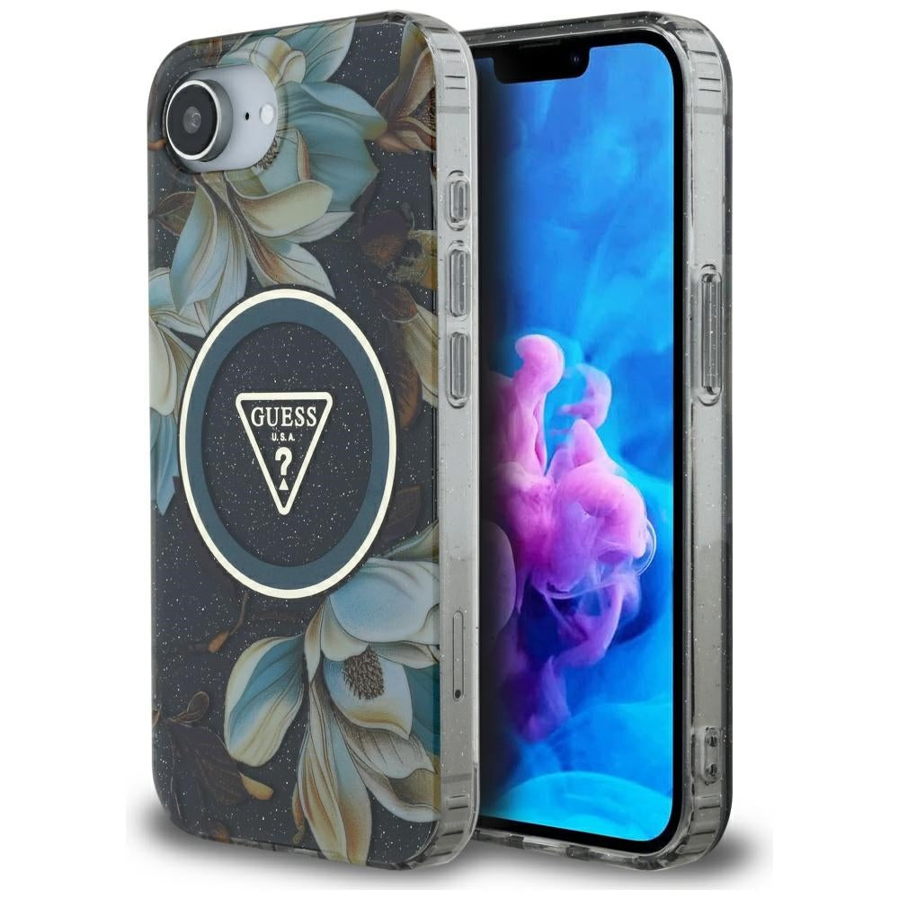 Futrola MagSafe za Apple iPhone 17e / 16e, Guess, IML Metal Glitter Flowers Triangle, Crna