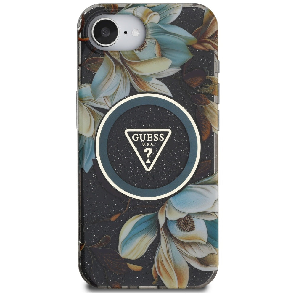 Futrola MagSafe za Apple iPhone 17e / 16e, Guess, IML Metal Glitter Flowers Triangle, Crna