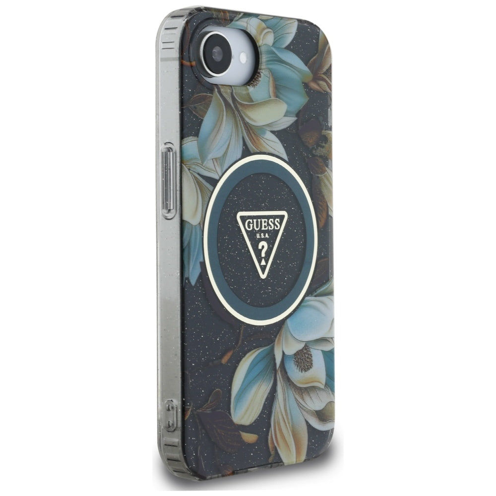 Futrola MagSafe za Apple iPhone 17e / 16e, Guess, IML Metal Glitter Flowers Triangle, Crna