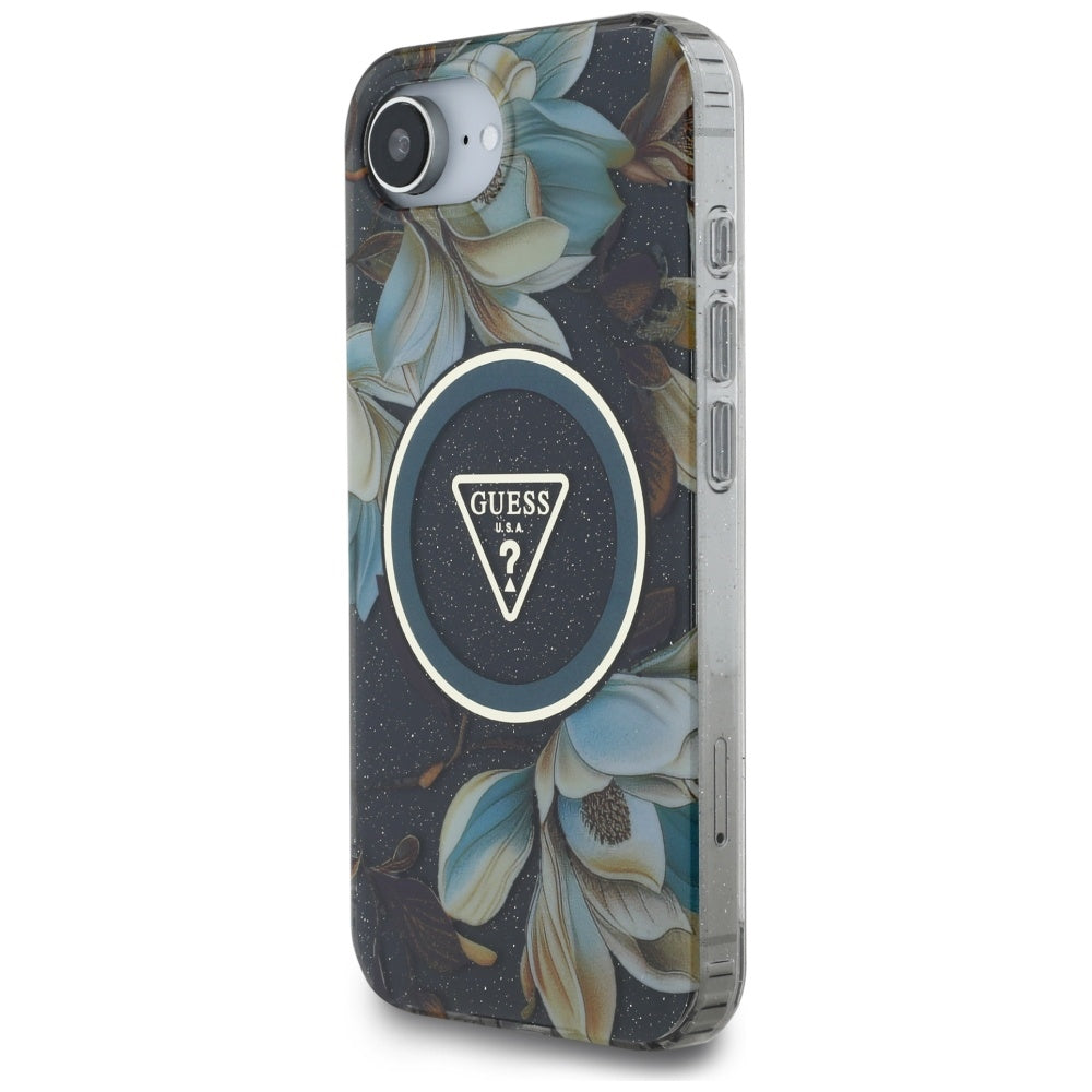 Futrola MagSafe za Apple iPhone 17e / 16e, Guess, IML Metal Glitter Flowers Triangle, Crna