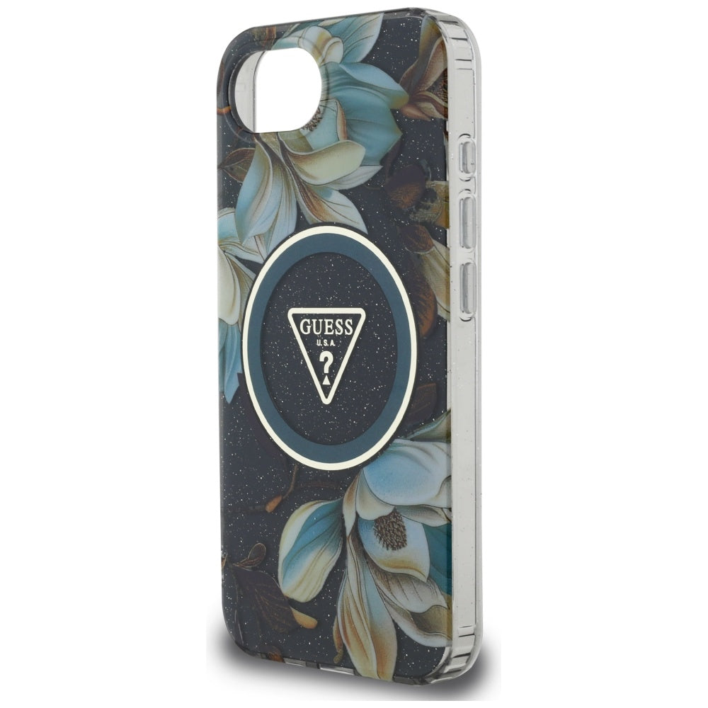 Futrola MagSafe za Apple iPhone 17e / 16e, Guess, IML Metal Glitter Flowers Triangle, Crna