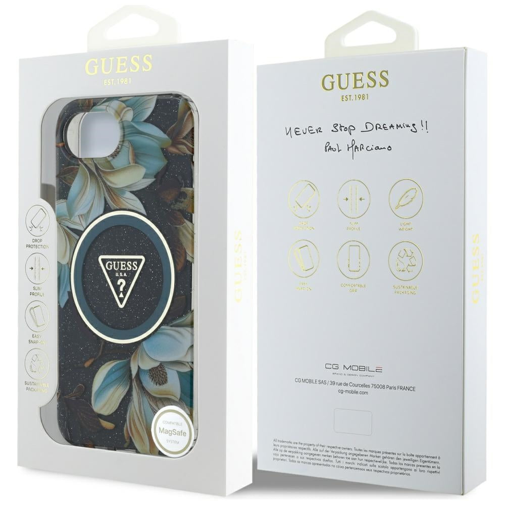Futrola MagSafe za Apple iPhone 17e / 16e, Guess, IML Metal Glitter Flowers Triangle, Crna