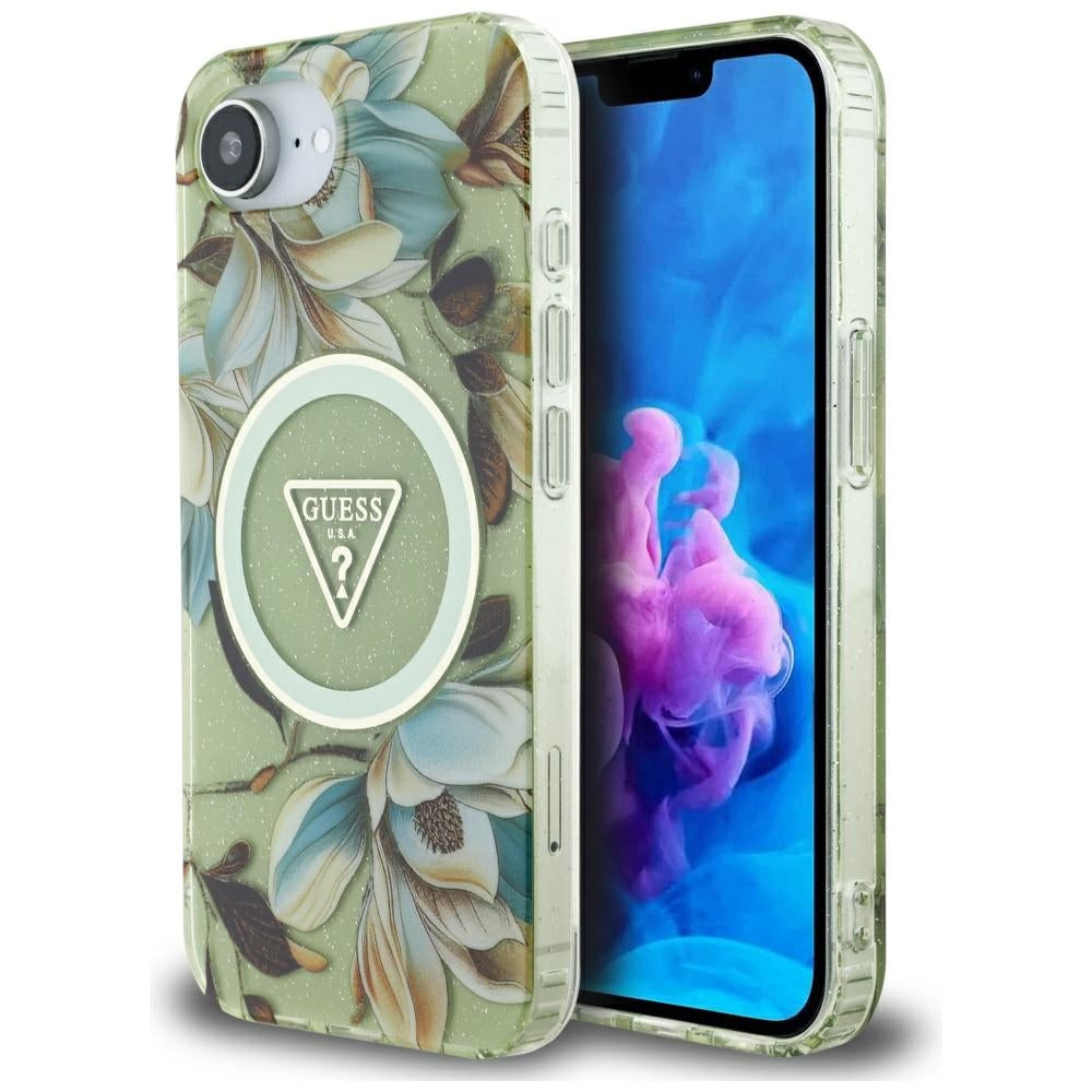 Futrola MagSafe za Apple iPhone 17e / 16e, Guess, IML Metal Glitter Flowers Triangle, Zelena