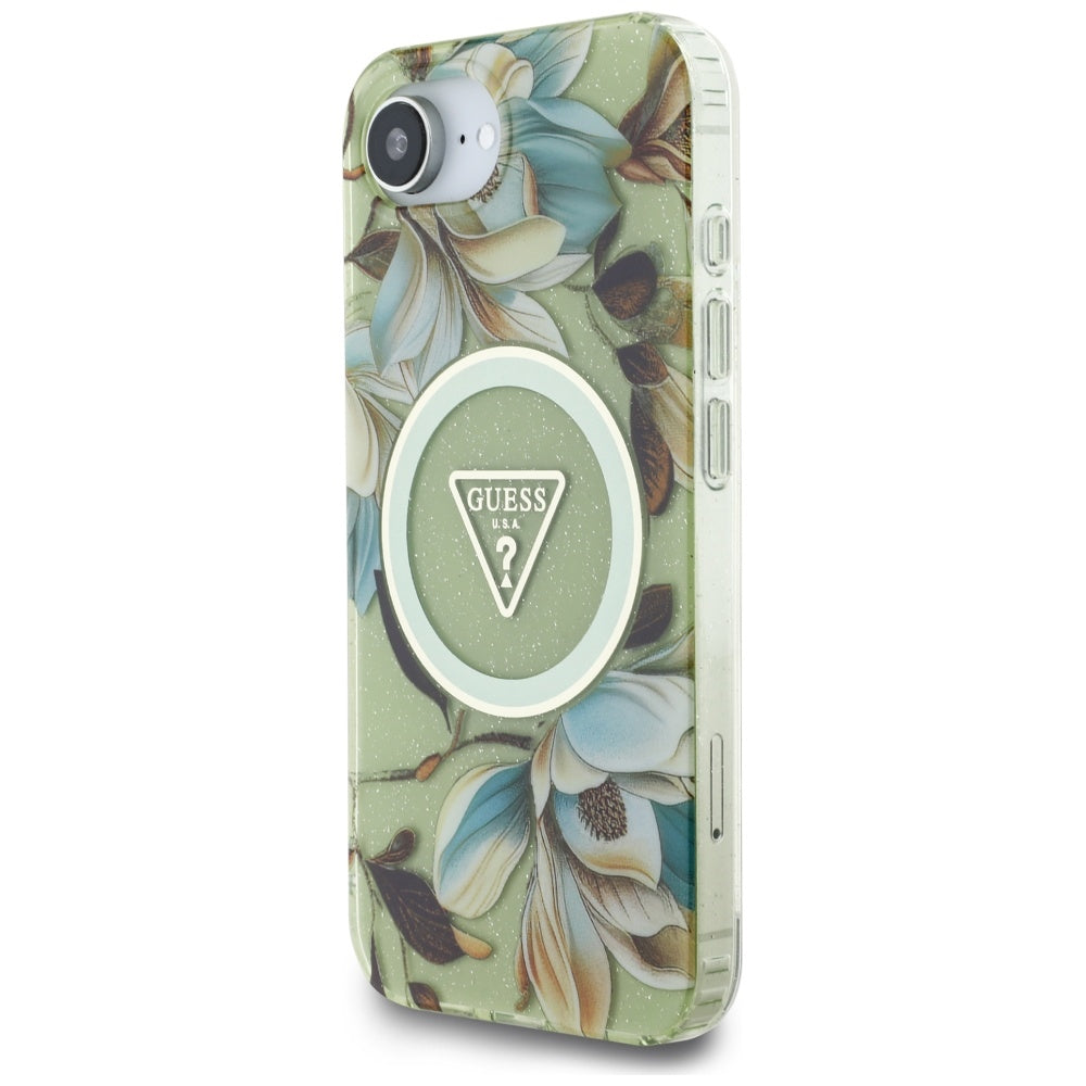 Futrola MagSafe za Apple iPhone 17e / 16e, Guess, IML Metal Glitter Flowers Triangle, Zelena