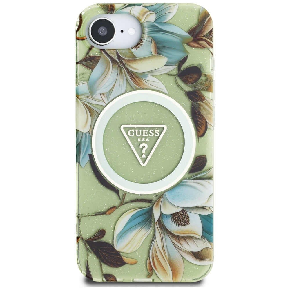 Futrola MagSafe za Apple iPhone 17e / 16e, Guess, IML Metal Glitter Flowers Triangle, Zelena