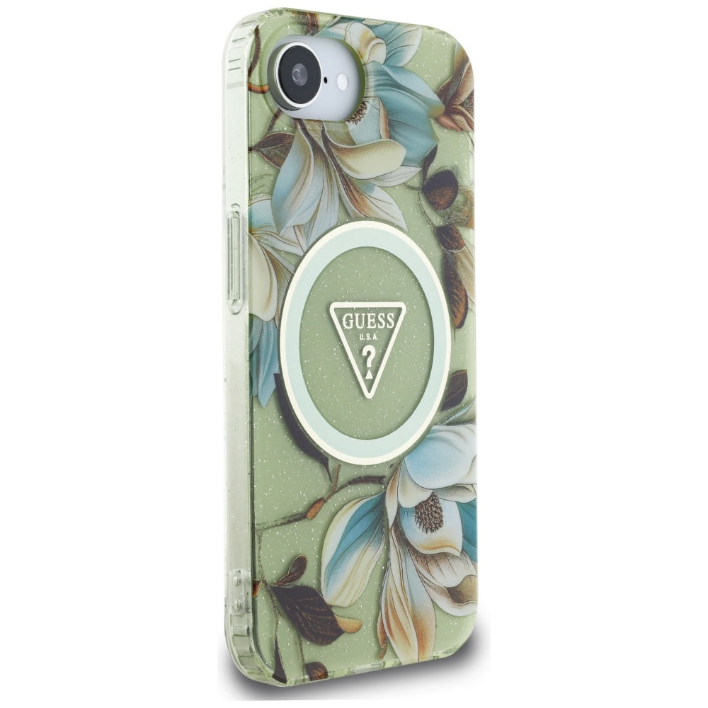 Futrola MagSafe za Apple iPhone 17e / 16e, Guess, IML Metal Glitter Flowers Triangle, Zelena
