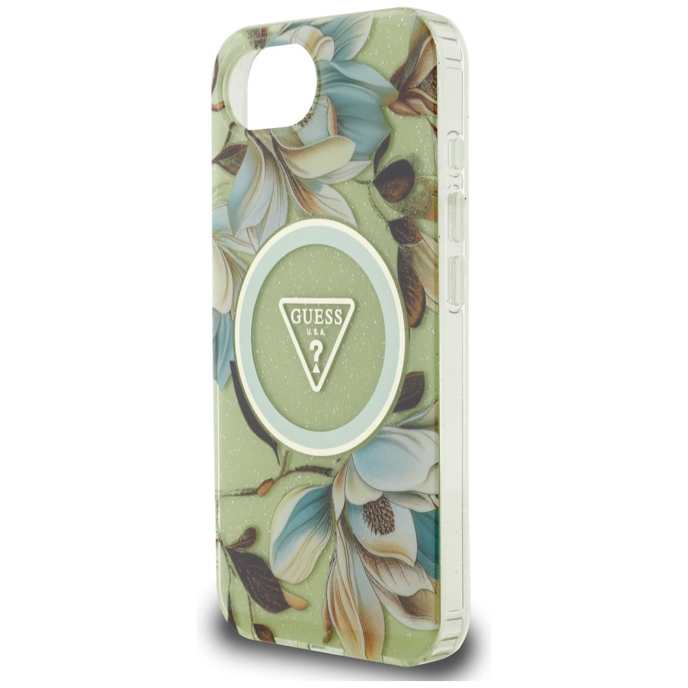 Futrola MagSafe za Apple iPhone 17e / 16e, Guess, IML Metal Glitter Flowers Triangle, Zelena