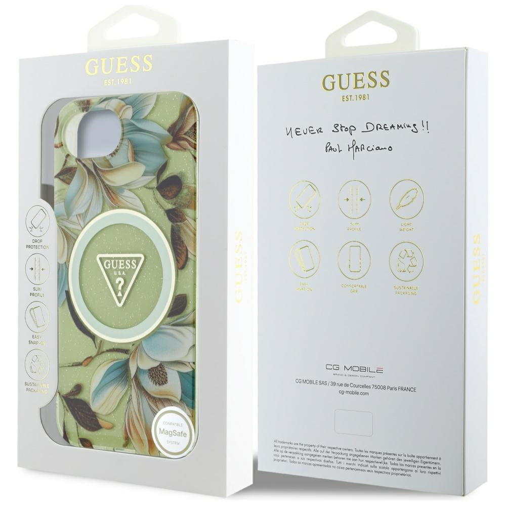 Futrola MagSafe za Apple iPhone 17e / 16e, Guess, IML Metal Glitter Flowers Triangle, Zelena