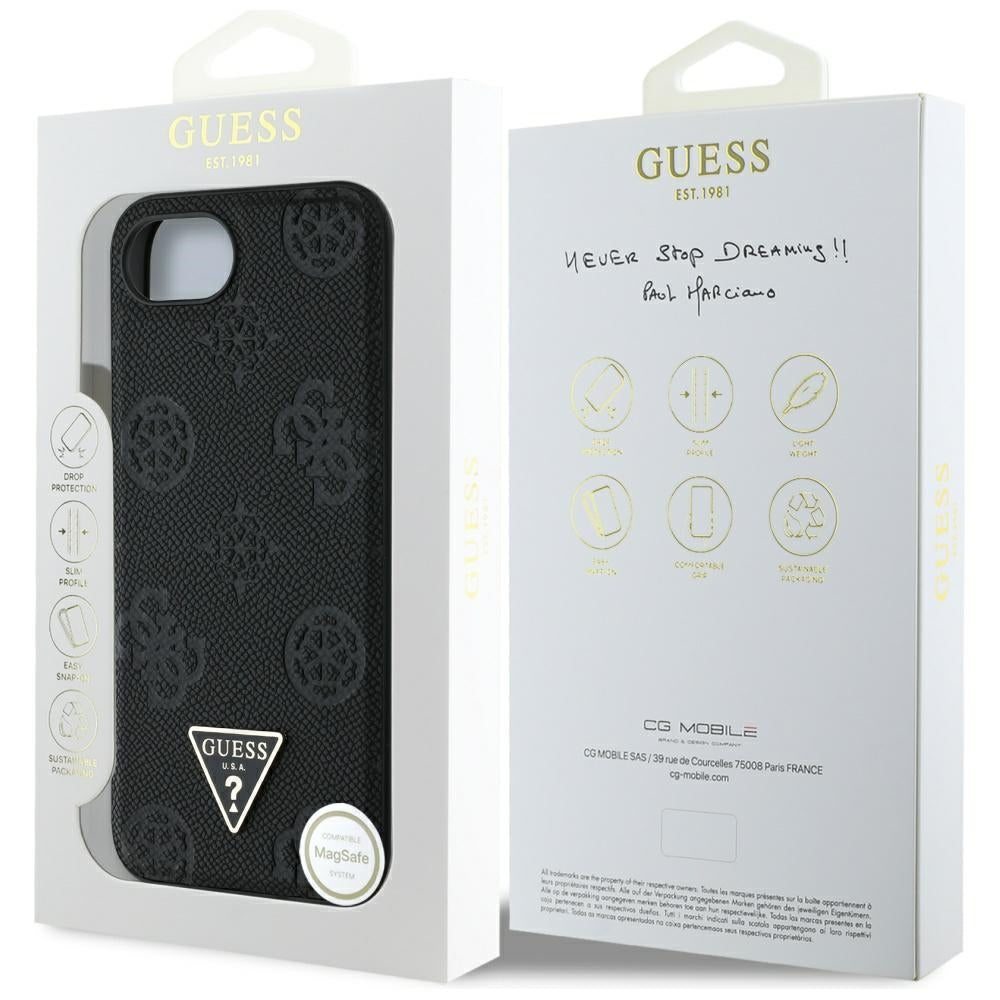 Futrola MagSafe za Apple iPhone 17e / 16e, Guess, Peony Grained Hot Stamp Triangle, Crna