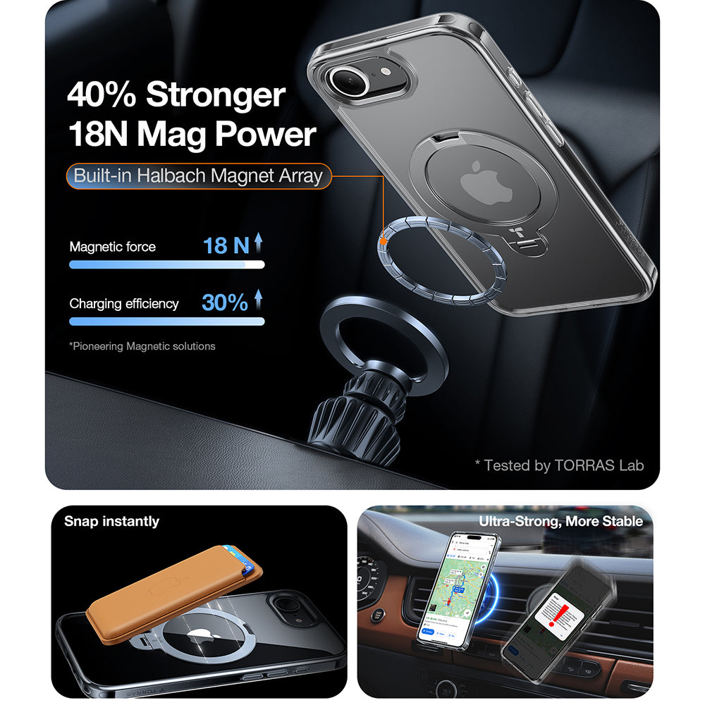 Husa MagSafe za Apple iPhone 17e / 16e, Torras, Ostand Spin, Transparentna