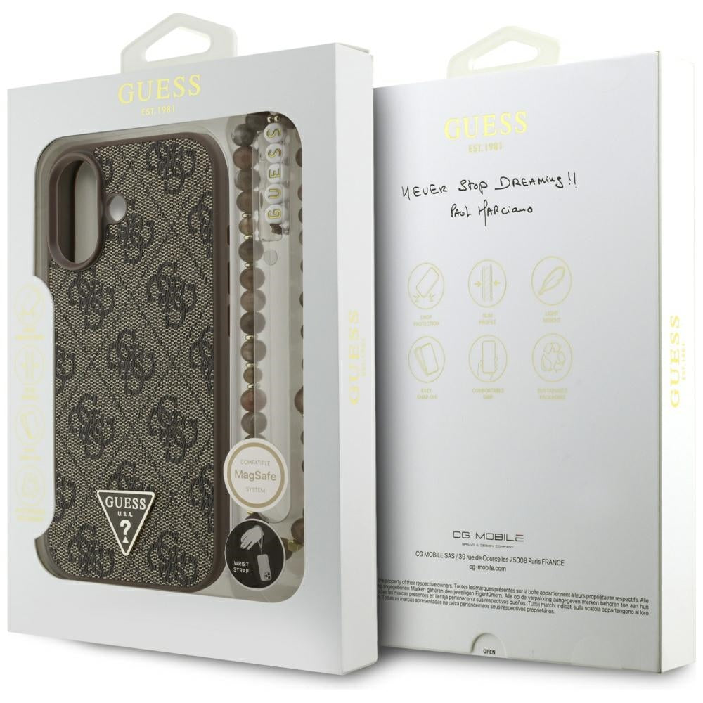 Husa MagSafe za Apple iPhone 17, Guess, 4G Triangle Logo Cord Strap, Braon