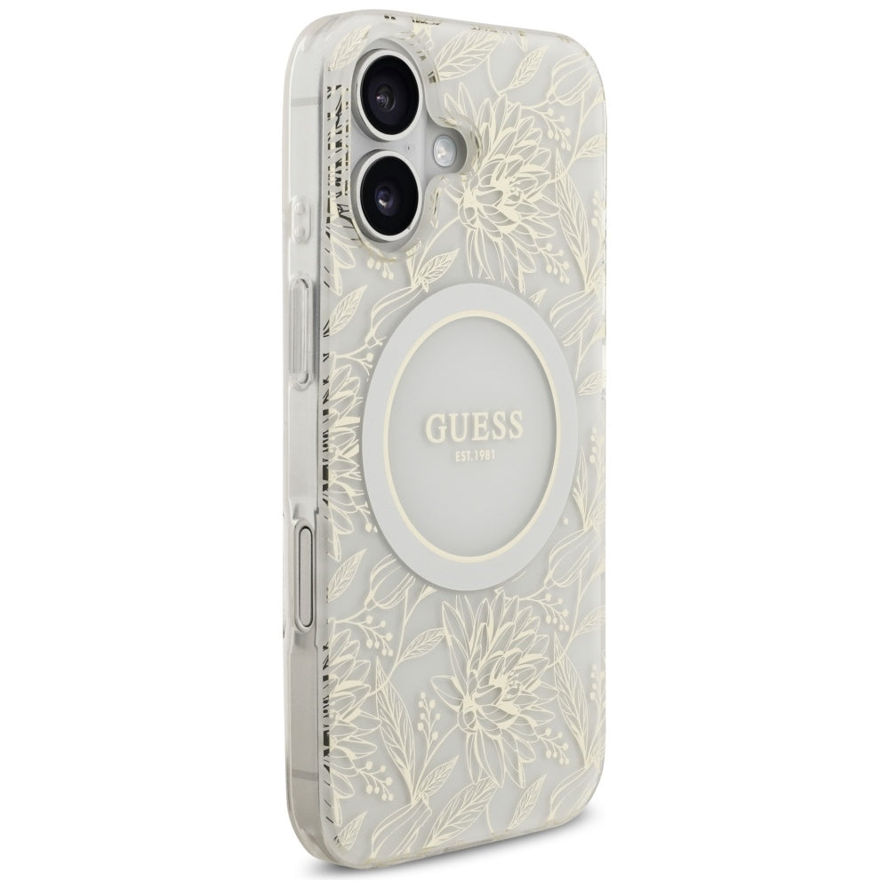 Futrola MagSafe za Apple iPhone 17, Guess, IML Flowers with Pearl Strap, Bela