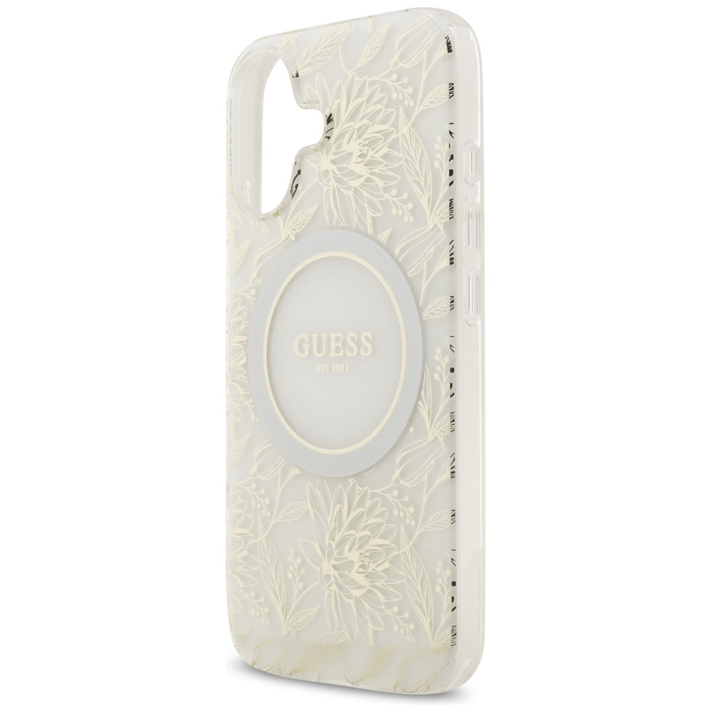 Futrola MagSafe za Apple iPhone 17, Guess, IML Flowers with Pearl Strap, Bela