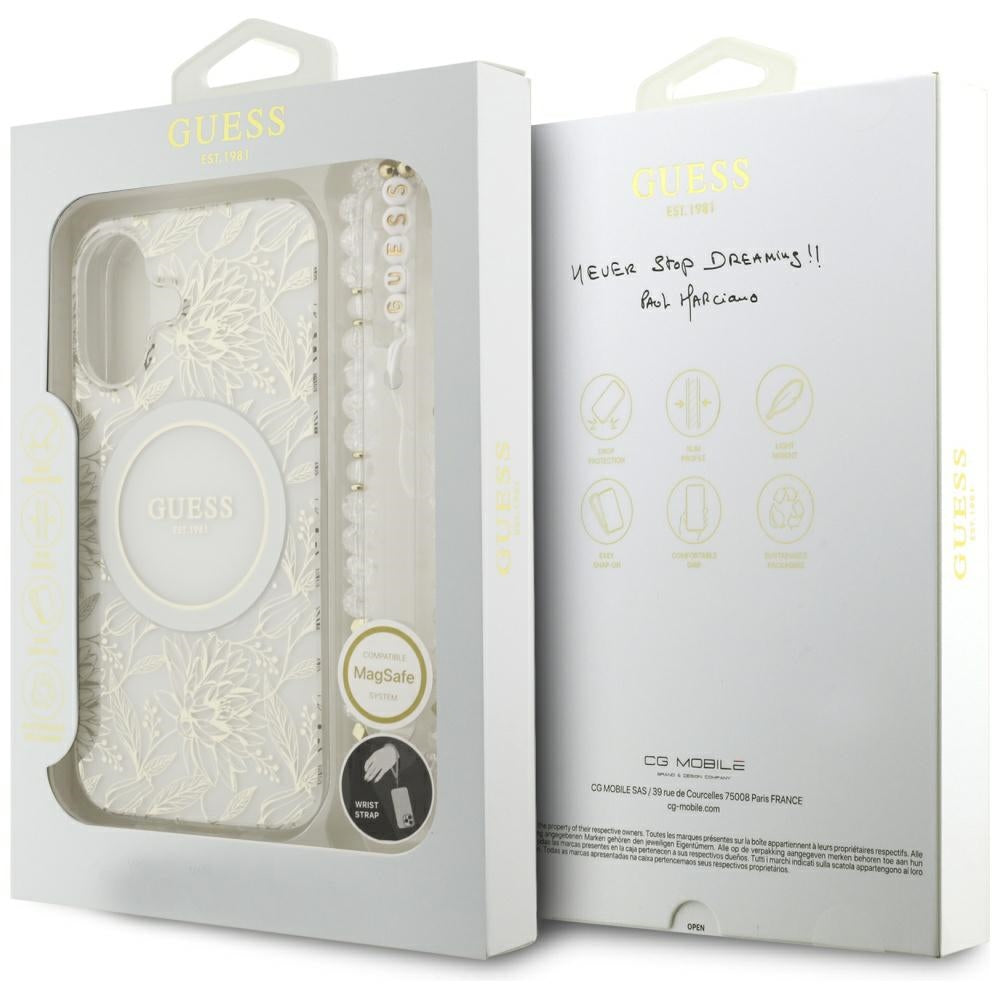 Futrola MagSafe za Apple iPhone 17, Guess, IML Flowers with Pearl Strap, Bela