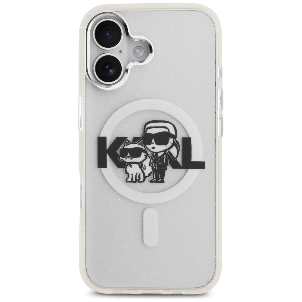 Husa MagSafe za Apple iPhone 17, Karl Lagerfeld, IML Sketch Logo Glitter Karl & Choupette, Transparentna