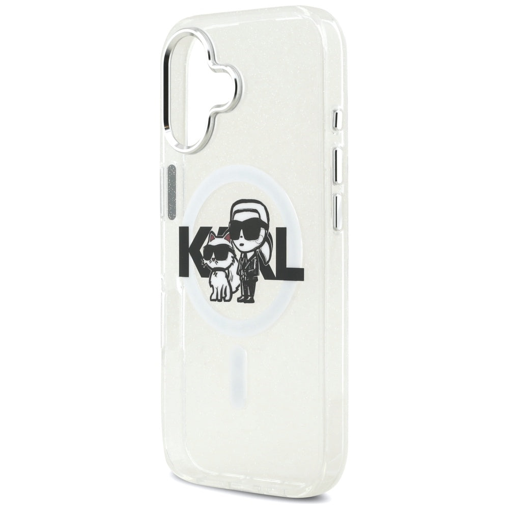 Husa MagSafe za Apple iPhone 17, Karl Lagerfeld, IML Sketch Logo Glitter Karl & Choupette, Transparentna