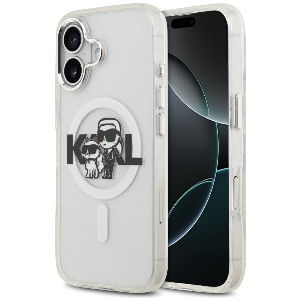 Husa MagSafe za Apple iPhone 17, Karl Lagerfeld, IML Sketch Logo Glitter Karl & Choupette, Transparentna