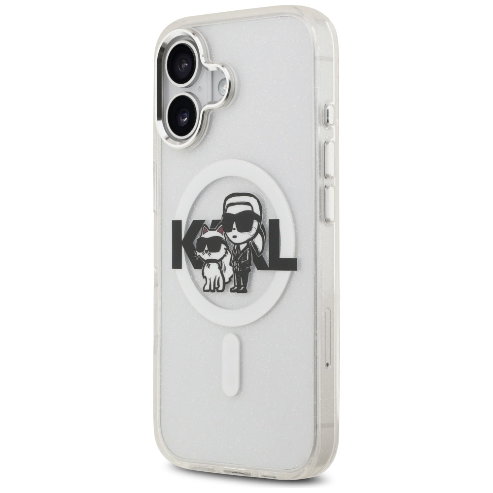 Husa MagSafe za Apple iPhone 17, Karl Lagerfeld, IML Sketch Logo Glitter Karl & Choupette, Transparentna