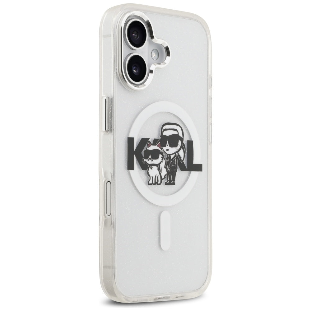 Husa MagSafe za Apple iPhone 17, Karl Lagerfeld, IML Sketch Logo Glitter Karl & Choupette, Transparentna