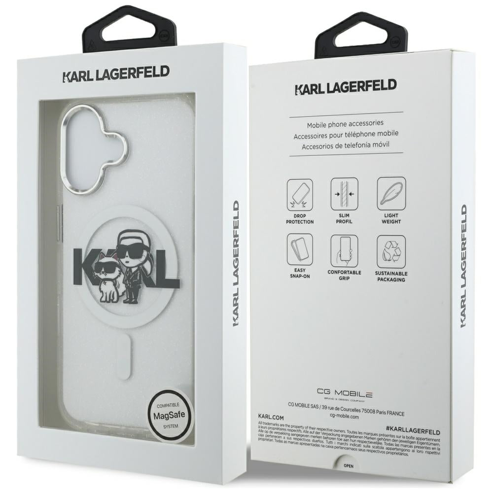 Husa MagSafe za Apple iPhone 17, Karl Lagerfeld, IML Sketch Logo Glitter Karl & Choupette, Transparentna