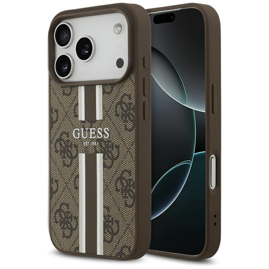 Husa MagSafe za Apple iPhone 17 Pro, Guess, 4G Printed Stripes, Braon
