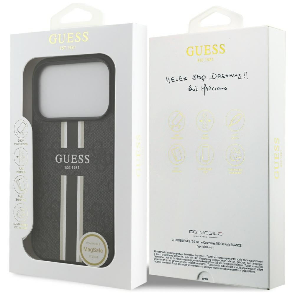 Husa MagSafe za Apple iPhone 17 Pro, Guess, 4G Printed Stripes, Crna