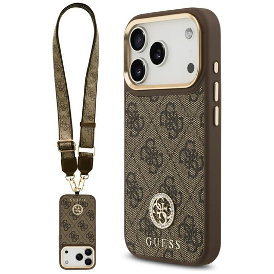 Futrola MagSafe za Apple iPhone 17 Pro, Guess, 4G Strass Logo with Big Strap, Braon