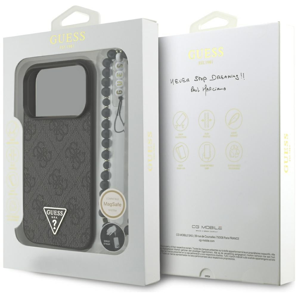 Husa MagSafe za Apple iPhone 17 Pro, Guess, 4G Triangle Logo sa kaišem, Crna