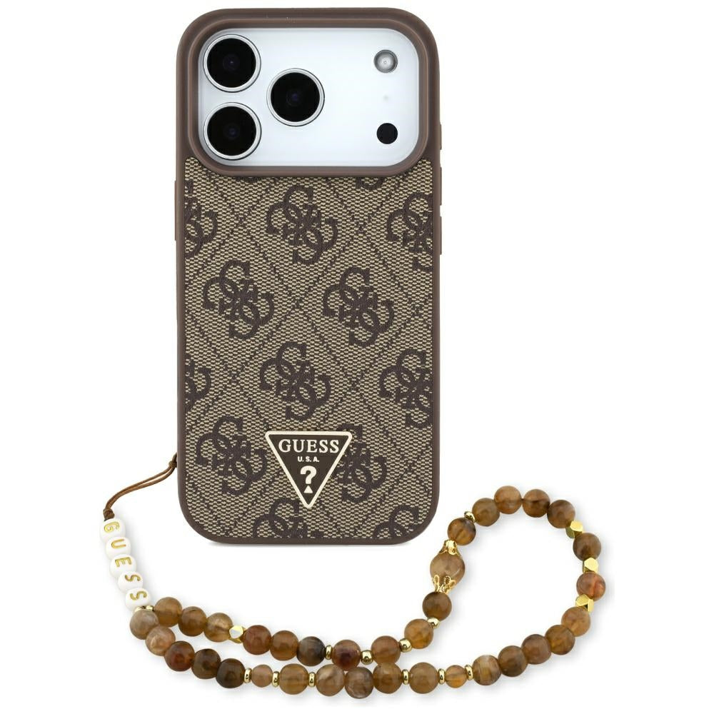 Futrola MagSafe za Apple iPhone 17 Pro, Guess, 4G Triangle Logo with Pearl Strap, Braon