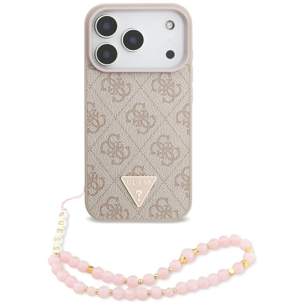 Futrola MagSafe za Apple iPhone 17 Pro, Guess, 4G Triangle Logo with Pearl Strap, Roze